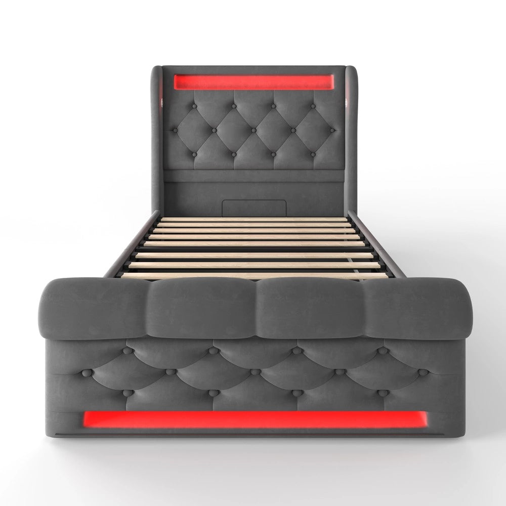 Letto Singolo Imbottito Contenitore con LED ¨C MINIMAL ¨C Grigio Velluto 90x200