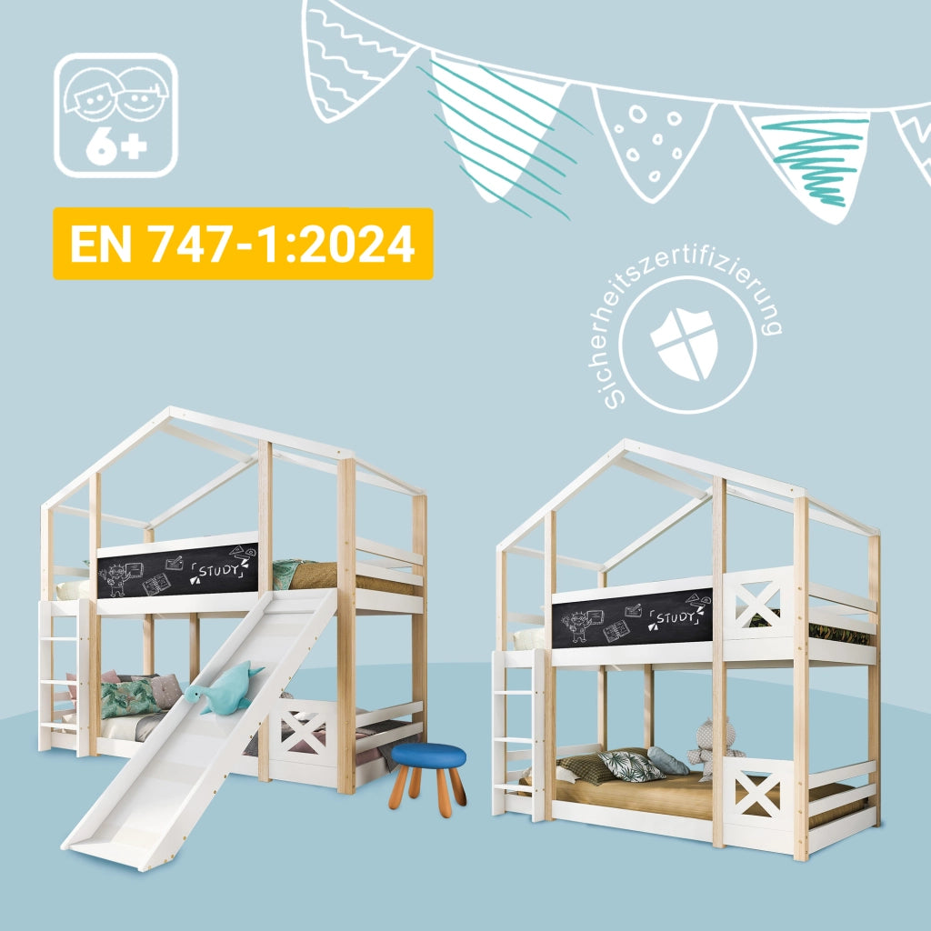 LETTO A SOPPALCO 90x200 cm Legno massello Bianco con scala e scivolo
