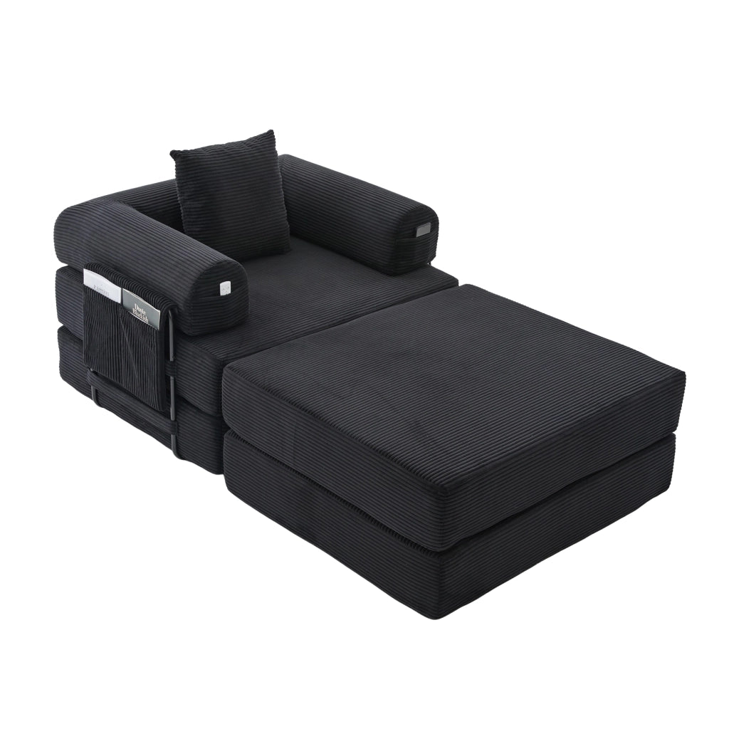 Divano modulare con tasca laterale e cuscino, seduta ergonomica in velluto a coste Nero