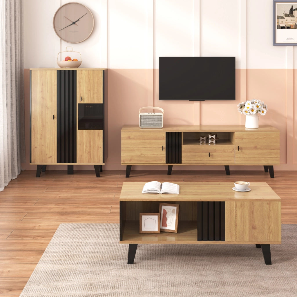 Credenza con LED e Vetro ¨C Xylo ¨C Legno e Nero, 140x78,5x41 cm