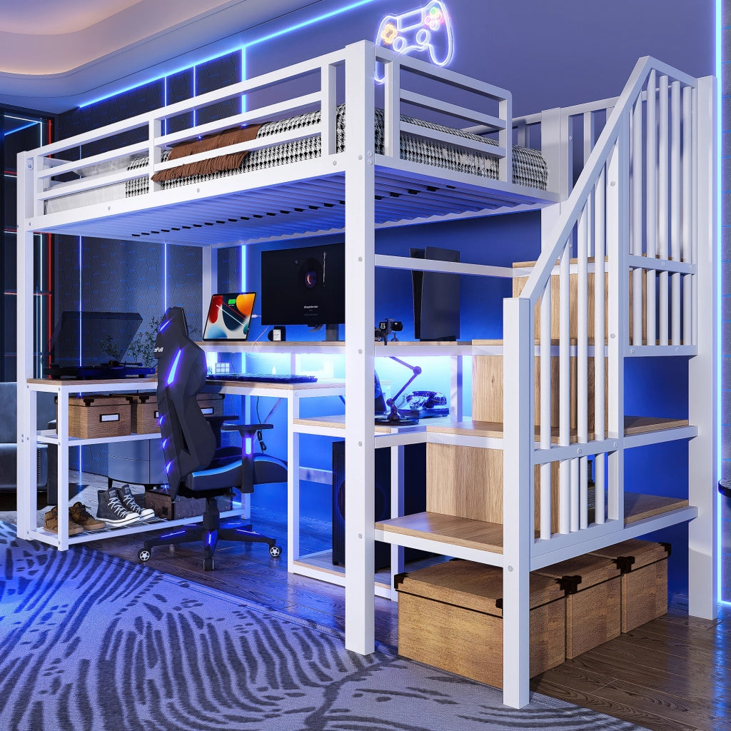 Letto a castello 90x200cm - Zephmum - Struttura in ferro, cassettiere, scale con contenitore, LED, scrivania USB, bianco
