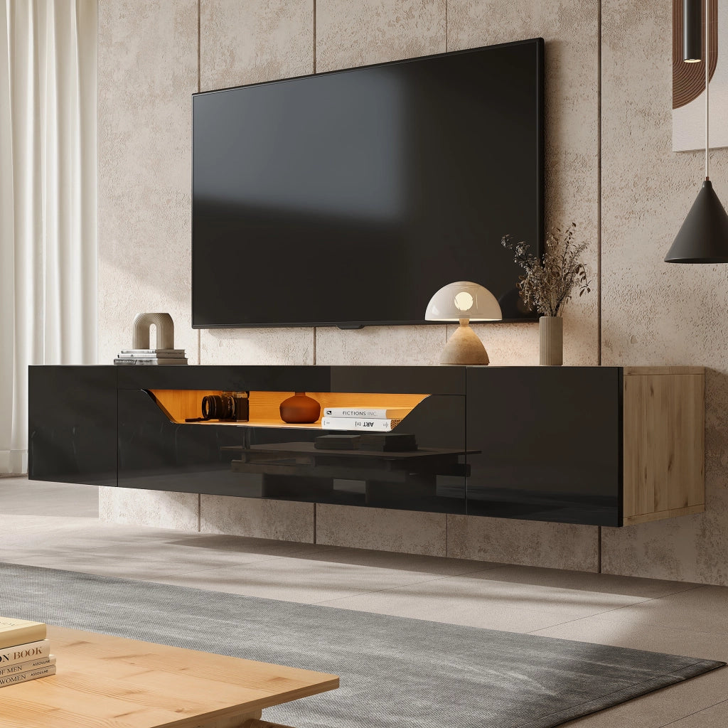 Cassettiera per TV beige e nero in truciolare; lunghezza 180 cm