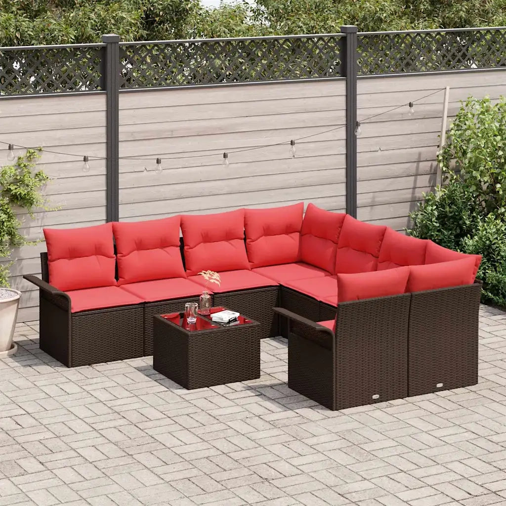 Set Divano da Giardino 9 pcs Marrone e Rosso polyrattan 3345304