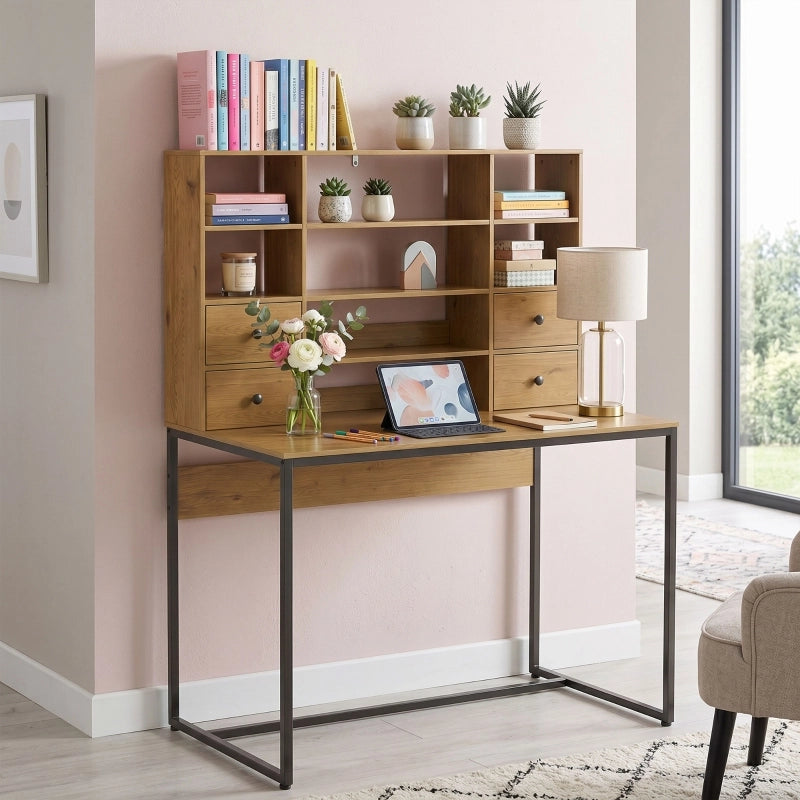 Scrivania per computer con 4 cassetti e ripiani, scrivania 105 cm, legno naturale