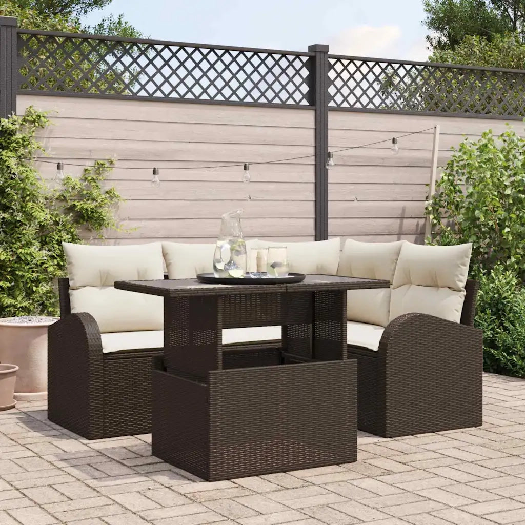 Set Divano da Giardino con cuscino 5 pcs Marrone Poly Rattan