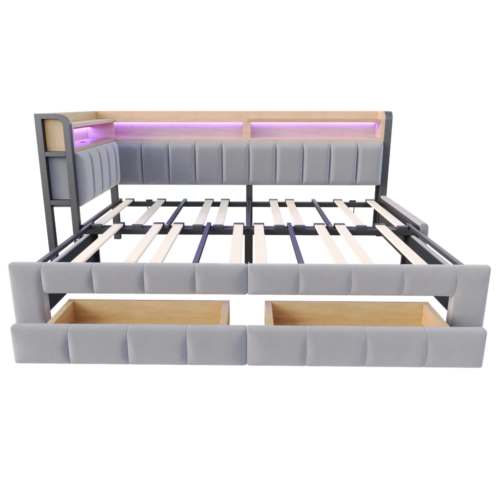 Letto Divano singolo con 2 cassetti; ripiani; LED regolabile; USB e Type-C; 90 × 200 cm; senza materasso