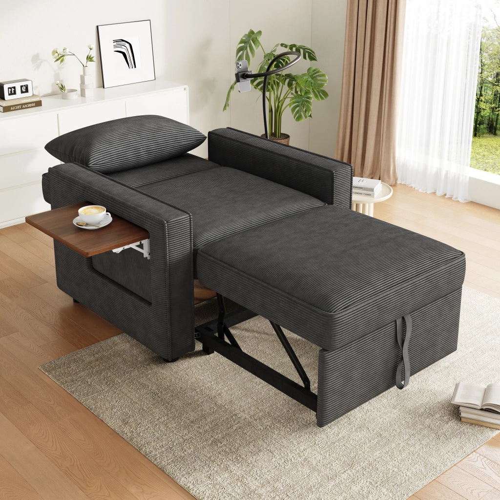 Poltrona Letto Pieghevole 1 Posto ¨C MINIMAL ¨C Tessuto Cord Grigio con Porta USB