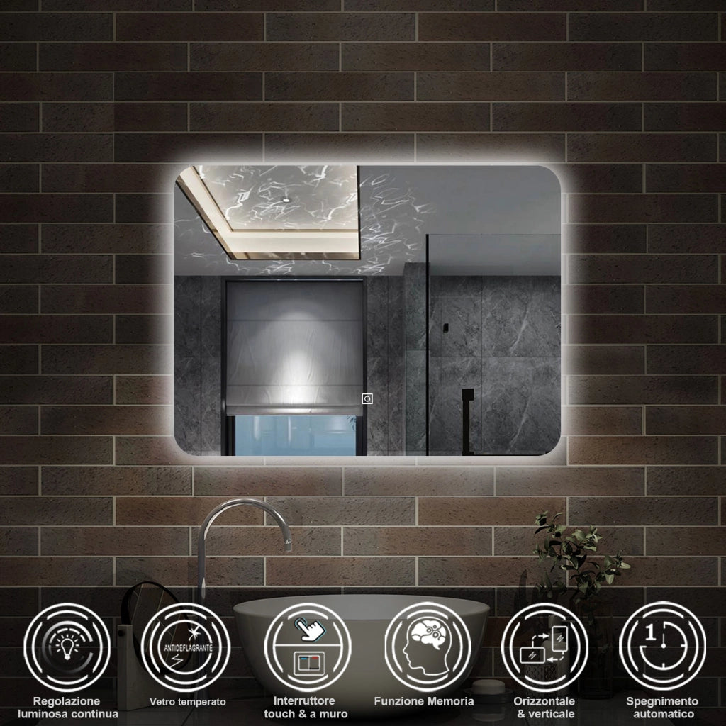 specchio 70 x 50 cm rettangolare con luce led e touch