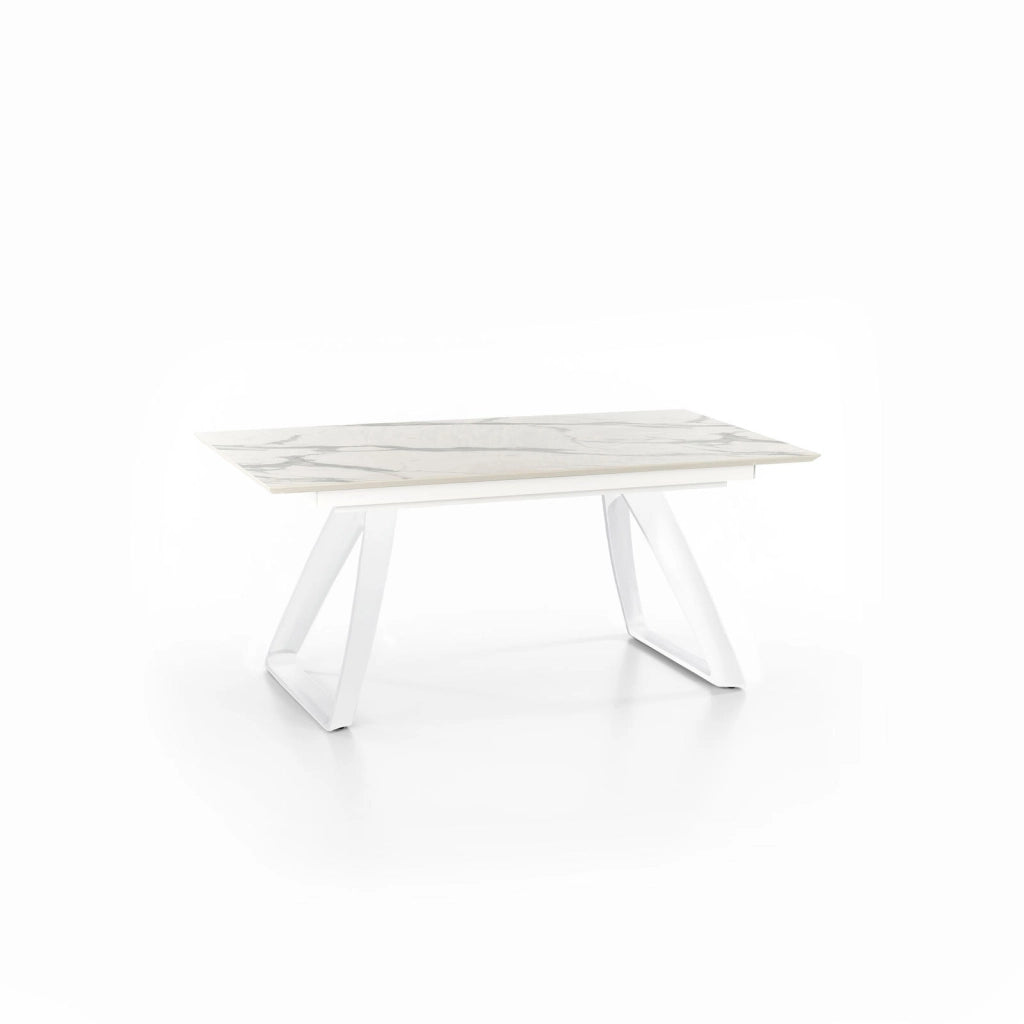 Tavolo Allungabile Barret 170/270x90 cm in HPL su MDF, Struttura con Gambe in Metallo Bianco e Top Marmo Calacatta - Arredo Moderno
