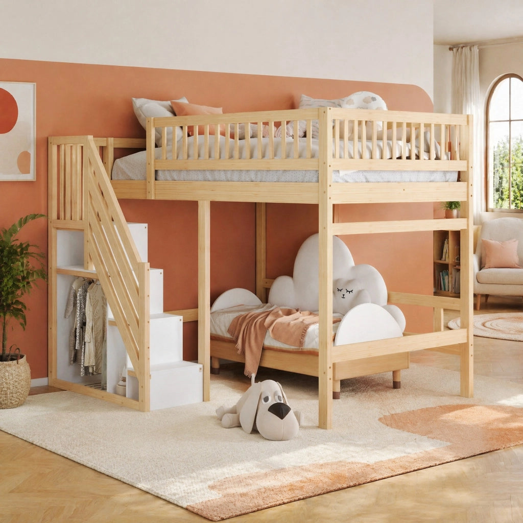 Letto a soppalco in legno massiccio 140x200 con scala contenitore e sponda alta
