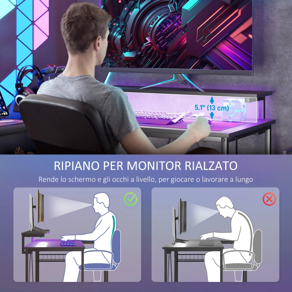 Scrivania Angolare con LED e Prese USB ¨C Xylo ¨C Nero con Ripiani e Supporto Monitor