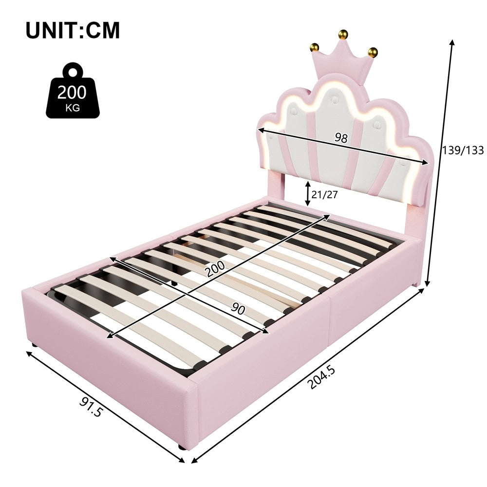 Letto Imbottito con LED e Alzata Idraulica ¨C MINIMAL ¨C Rosa, PU, 90x200
