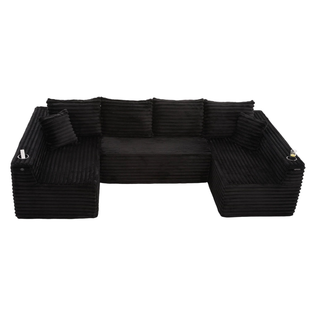 Divano ad U in Velluto a Coste con Portabicchieri ¨C MINIMAL ¨C Angolare, Cuscini, Ergonomico