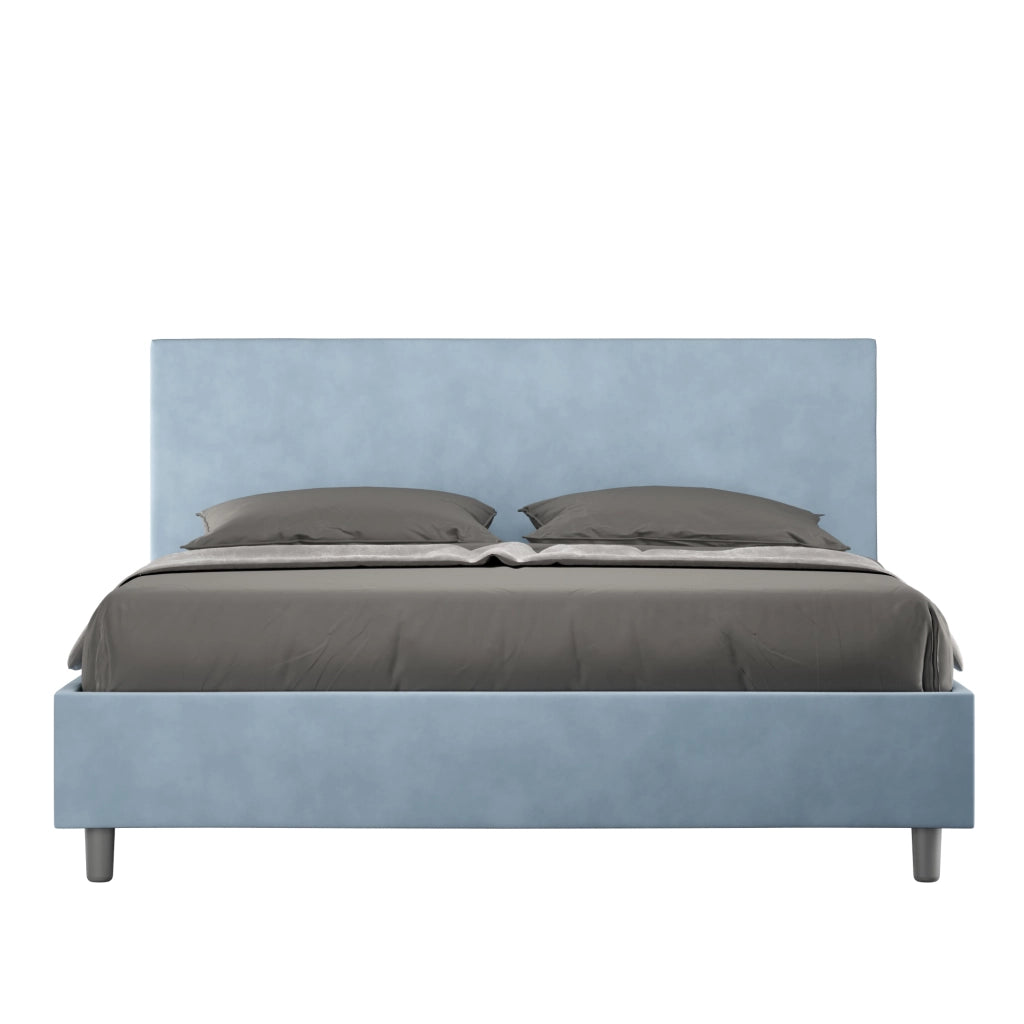 Letto Matrimoniale 160x210 cm con Rete e Contenitore Giroletto con Alzata Comoda Imbottito in Microfibra Adele Azzurro