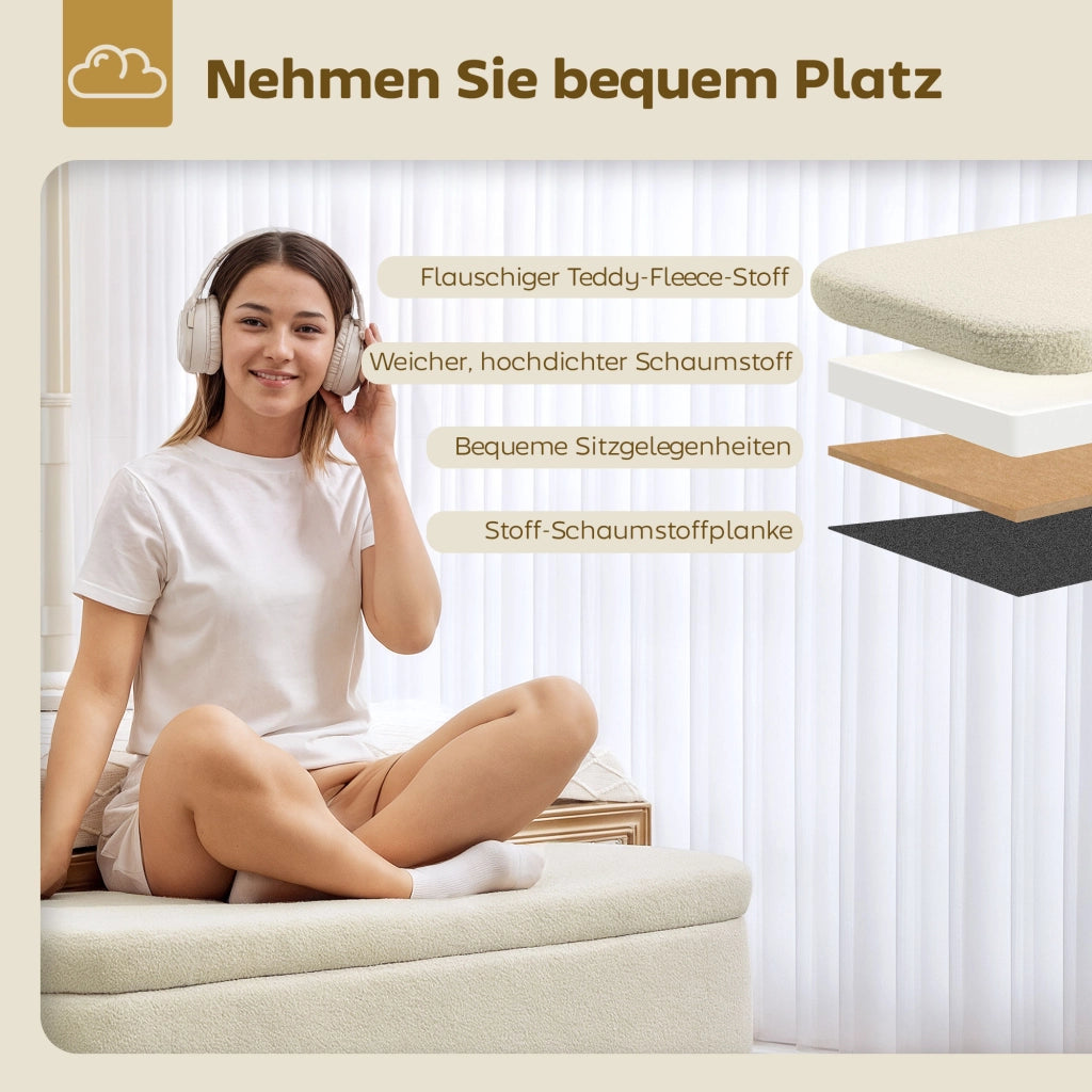 Cassettiera con panca imbottita, 5 cassetti, stoffa in pile, legno di gomma, beige ¨C Minimal ¨C 120x42x45 cm