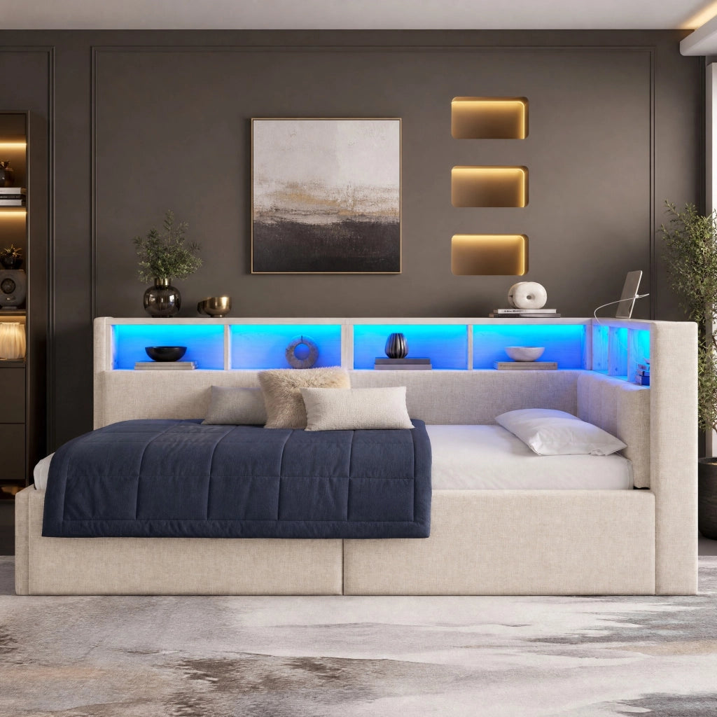 LETTO DAYBED 90x200 cm in lino beige con LED, USB e vano contenitore