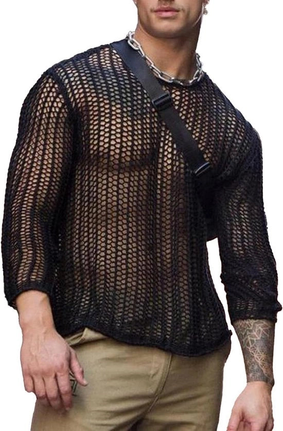 T-shirt a rete trasparente con maniche lunghe per uomini