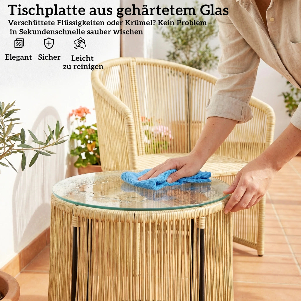 Set Bistrot Rattan 3 Pezzi con Tavolo Tondo Vetro e Cuscini ¨C zephmum ¨C Cremewei?