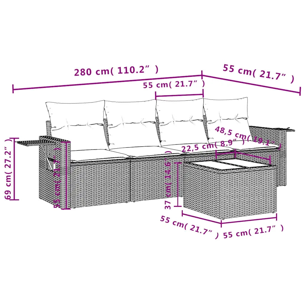 Set Divano da Giardino 5pz | Set Salotto da Giardino con Cuscini Grigio Chiaro Polyrattan