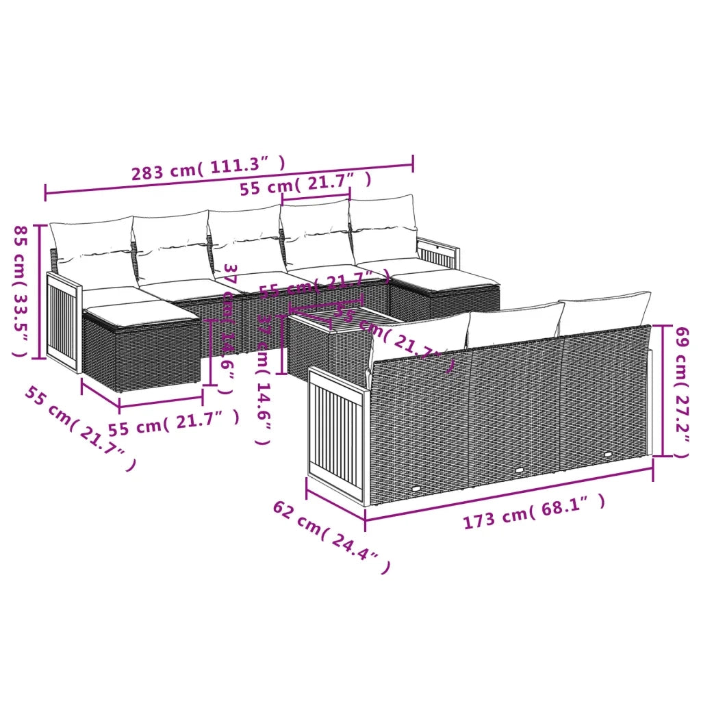 Set Divani da Giardino 11 pz con Cuscini in Polyrattan Nero 3228100