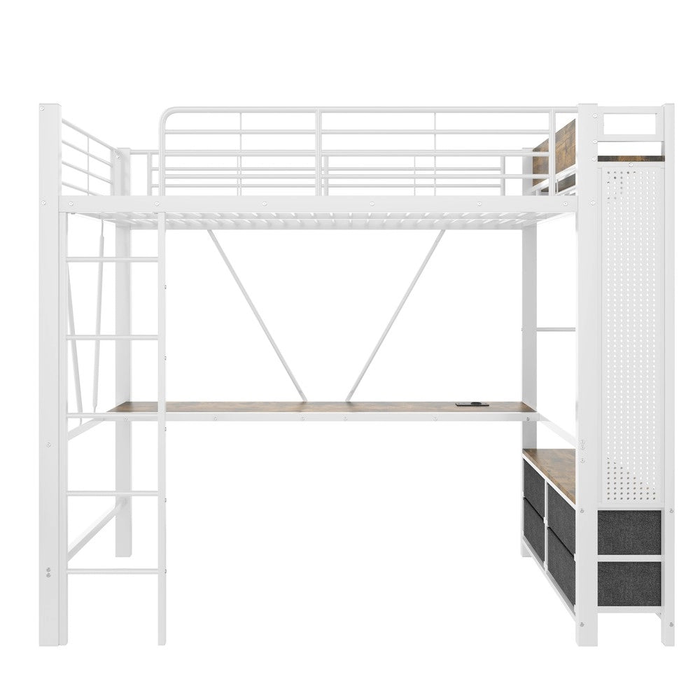Letto a Soppalco con Scrivania e LED ¨C MINIMAL ¨C Bianco, 90x200, 4 Cassetti, USB
