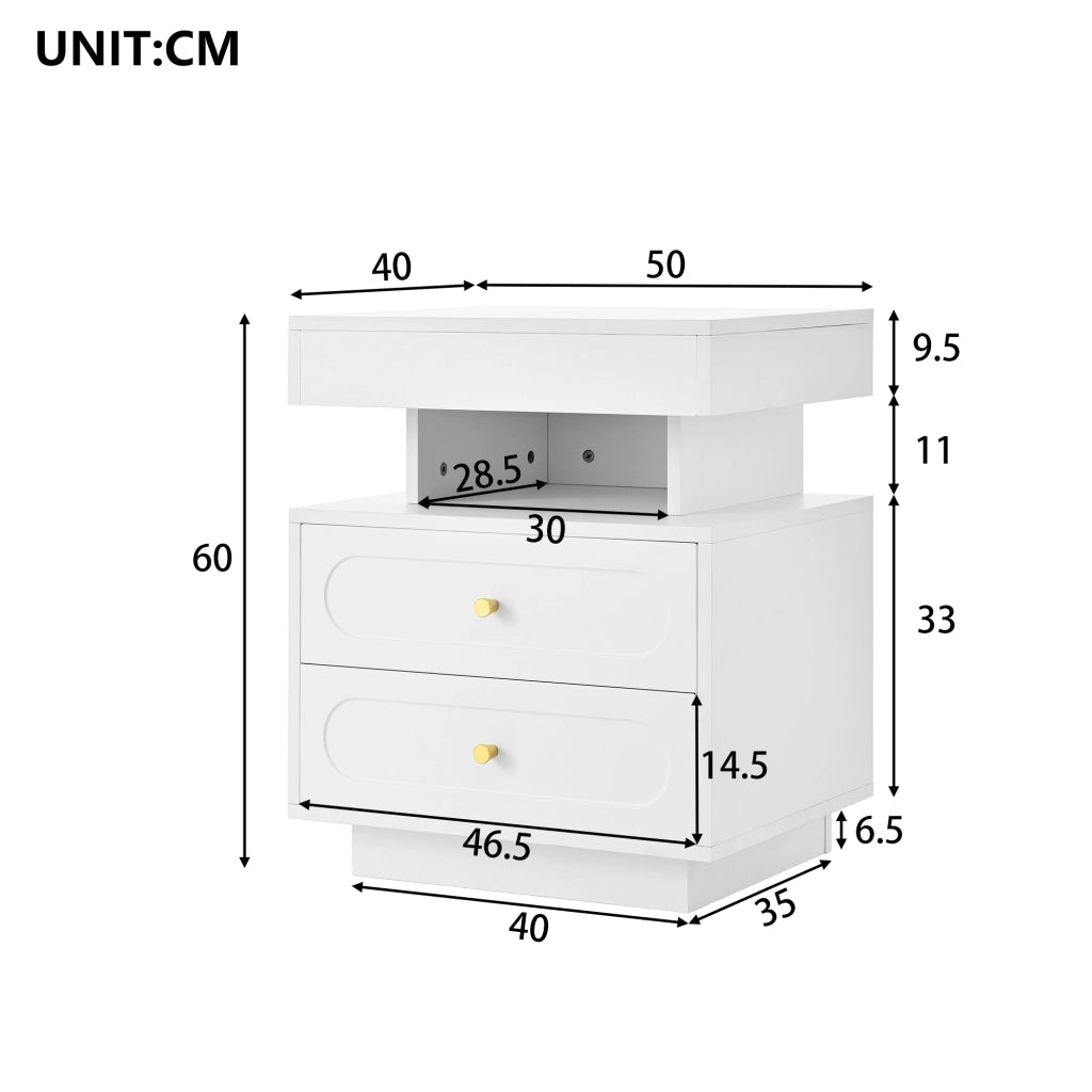 Comodino con LED e 2 Cassetti ¨C MINIMAL ¨C Bianco 50x40x60 cm