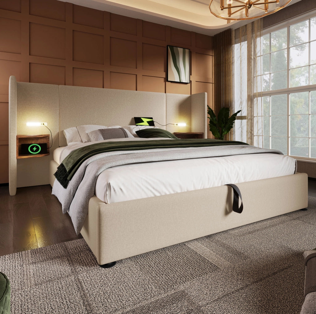 Letto matrimoniale 160x200 cm in lino beige con contenitore; lampada da lettura e porte USB Type-C