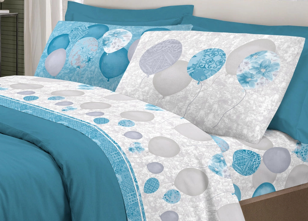 Completo Lenzuola Letto Pensieri Delicati 100% Cotone Dis. Palloncini - Piazza E Mezza - Azzurro