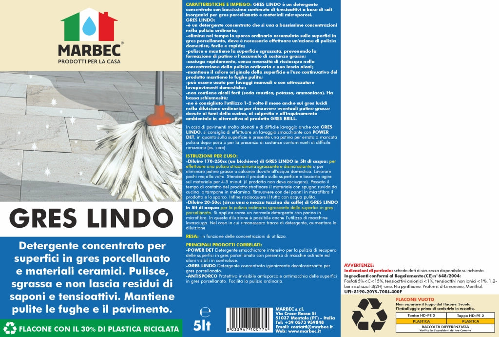 Detergente per gres porcellanato GRES LINDO   5LT