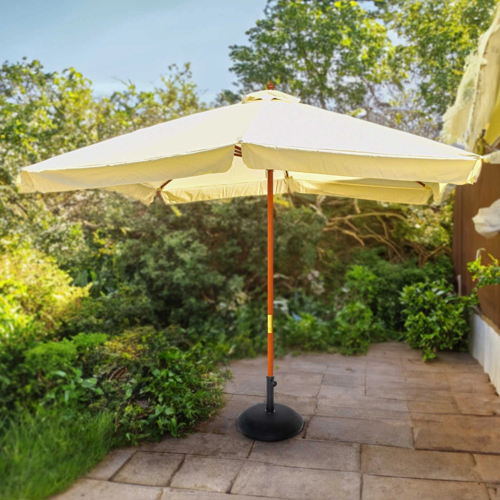 IRUY - Ombrellone da giardino 3x3 metri quadrato con palo da Ø 48mm in legno naturale e telo in poliestere ecrù con bordura da 50mm. 300x300x260H cm