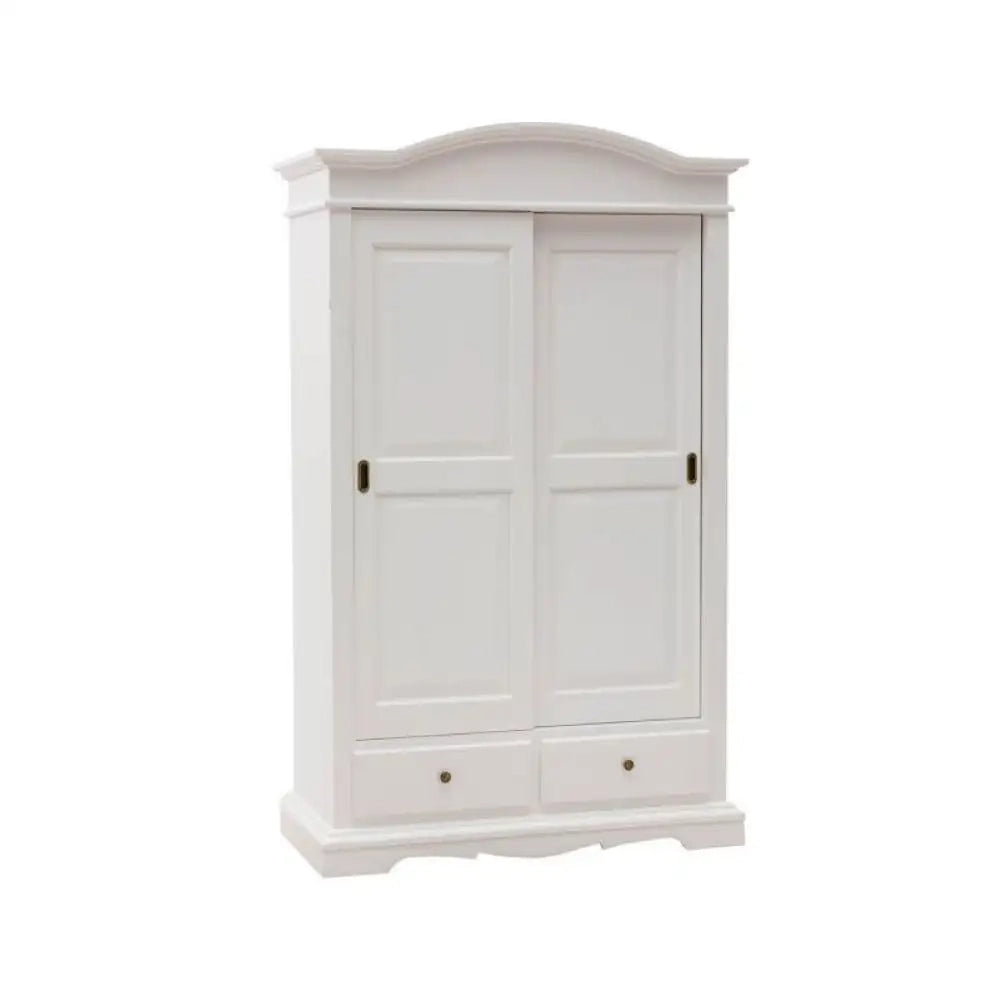 Armadio appendiabiti con bastone e 2 ante scorrevoli 2 cassetti arte povera in legno massello e mdf con rifiniture bianco 125X60X200H