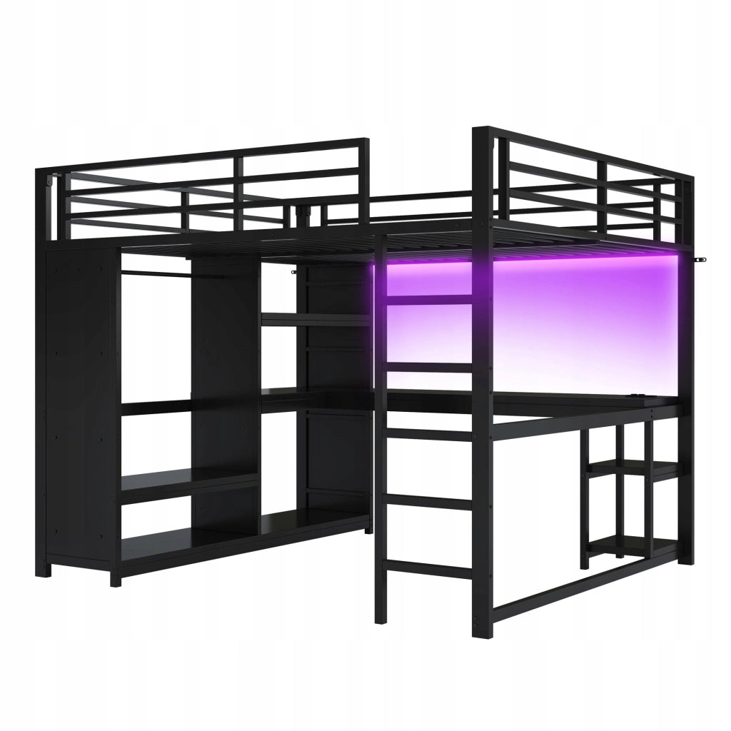Letto gaming con scrivania e armadio - Xylo - 160x200 - Nero - Luci LED