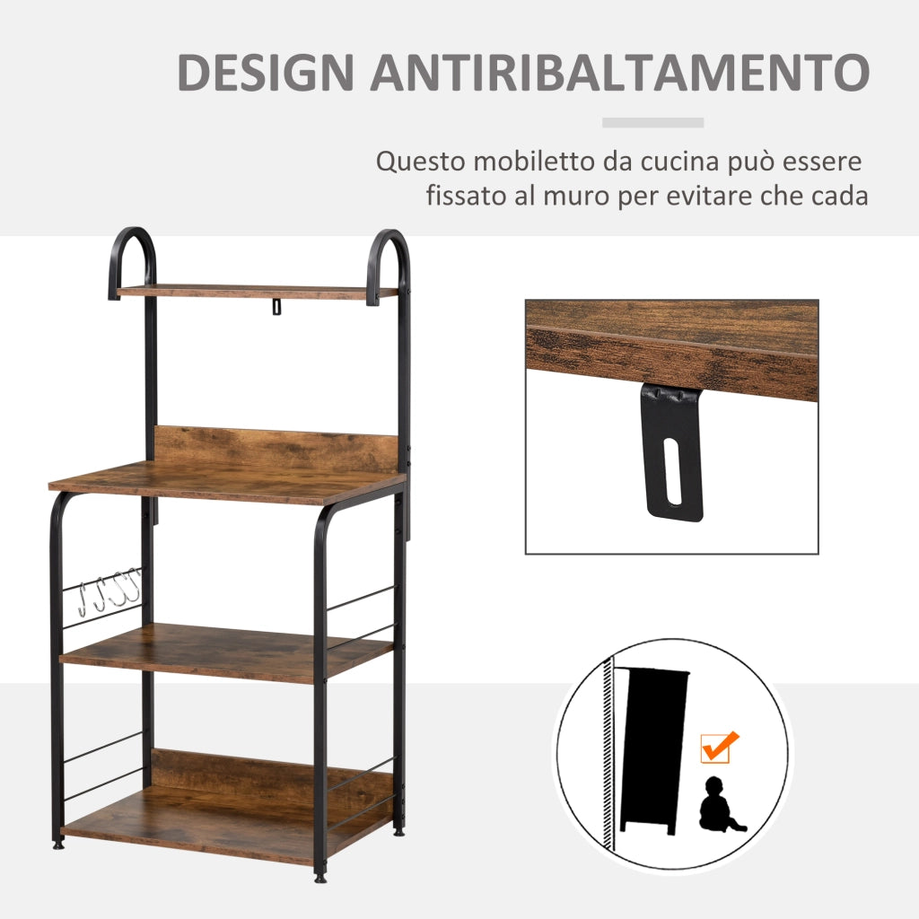 Scaffale da Cucina 4 Ripiani ¨C Xylo ¨C Legno e Acciaio Marrone Rustico 60x40x125cm