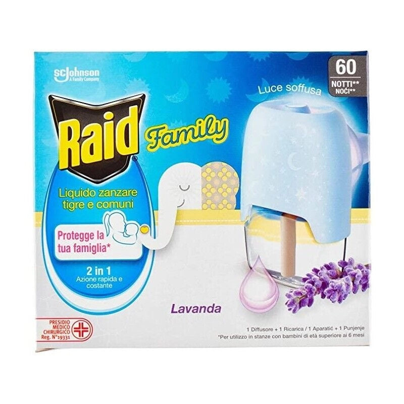 RAID DIFFUSORE PER ZANZARE TIGRE E COMUNE CON RICARICA ALLA LAVANDA 60 NOTTI