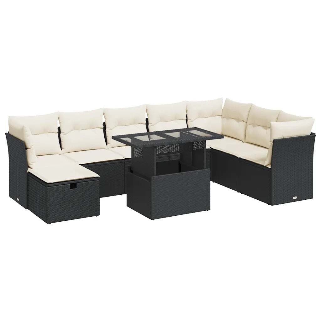 Set Divani da Giardino 9 pz con Cuscini Nero in Polyrattan 3327796