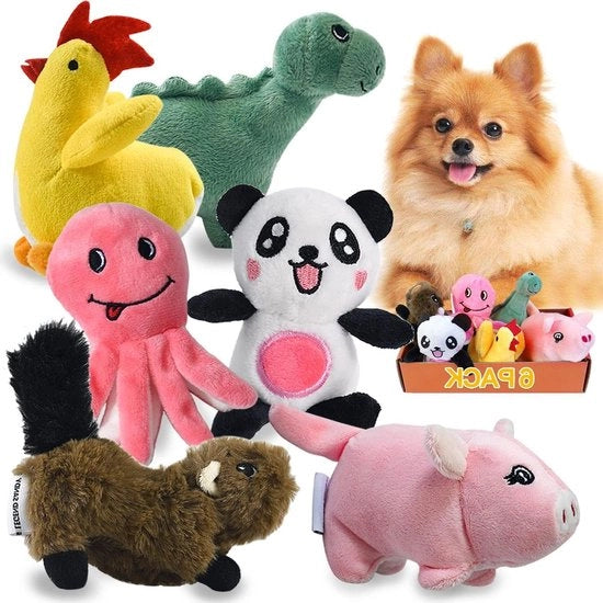 Pacchetto di giocattoli per cani con peluche che emettono suoni, contenente 6 giocattoli per cani con cuscini gonfiabili per piccoli cani.