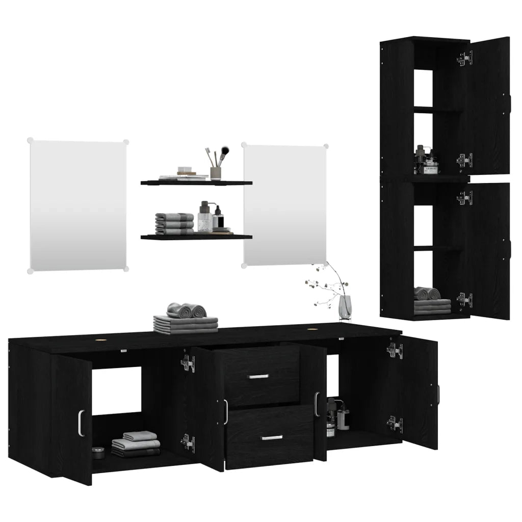 Set Mobili da Bagno | Armadio da bagno 7 pz Nero in Legno Multistrato
