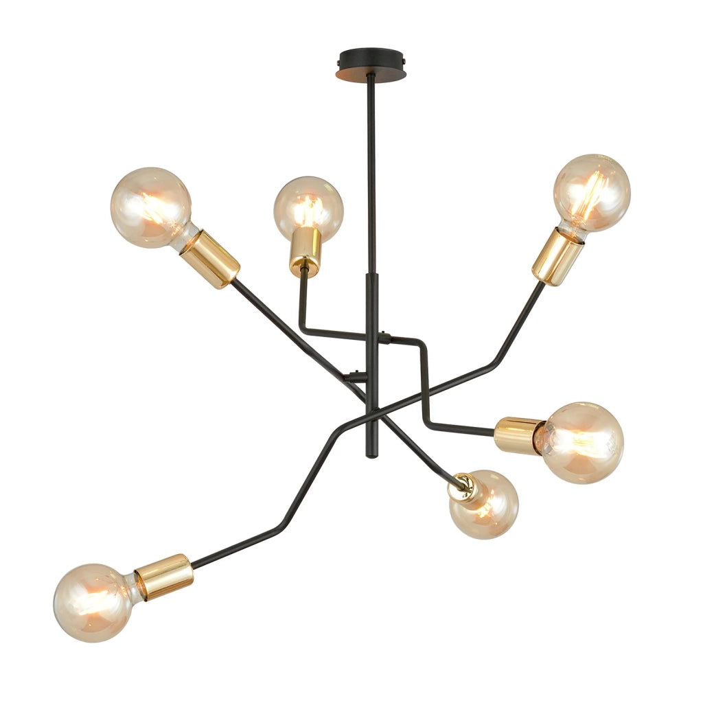 Sospensione Industrial 6 Luci Temi In Acciaio Nero E Oro Bracci Regolabili