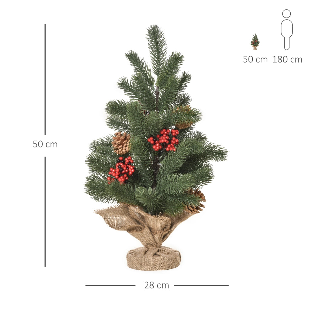 Albero di Natale artificiale in abete da 50 cm con 55 rami, 4 bacche rosse e 4 pigne, base stabile in PE e cemento, ?28 x 50 cm