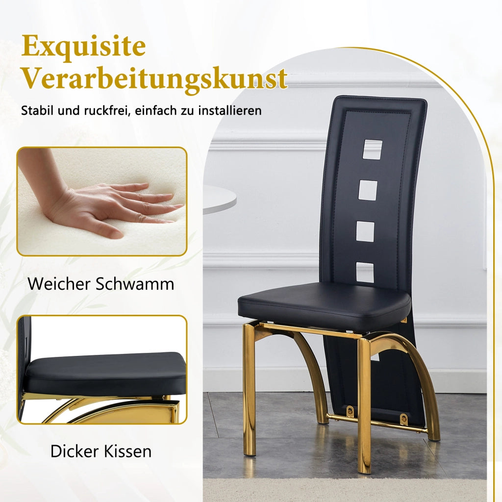 Sedia da Pranzo Set da 2 con Schienale Ajouré e Gambe in Metallo, PU Nero e Oro
