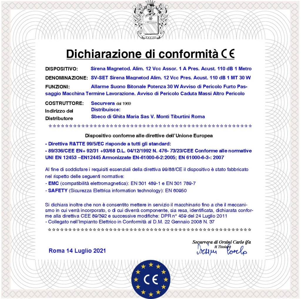 Sirena Magnetodinamica 3 Pezzi Diffusore Acustica 110 dB Amplificazione 30 W Bitonale 1500 +/- 4000 Hz. Alimentazione 12 Vcc 2 Fili Polarizzati Staffa Fissaggio Assorbimento 1 A Contenitore ABS IP65