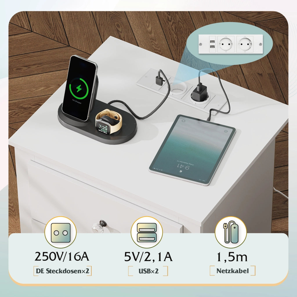 Comodino 3 Cassetti con Prese USB ¨C Zephmum ¨C Bianco 40x40x50 cm