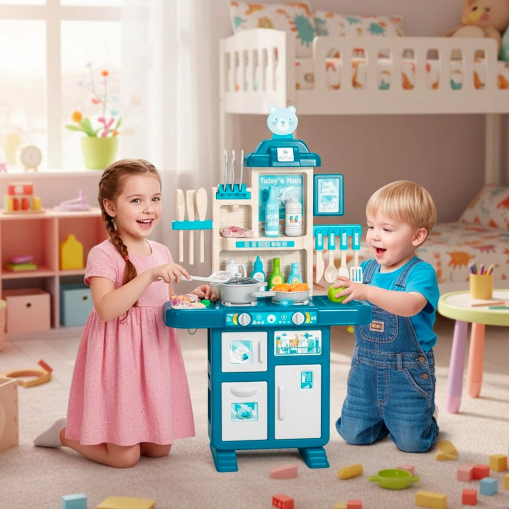 Cucina Per Bambini Con Rubinetto Con Sistema Di Riciclo Dell Acqua Luci E Suoni Realistici 69 Accessori E Fornelli Dai 3 5 Anni Set Cucina Blu E Bianco