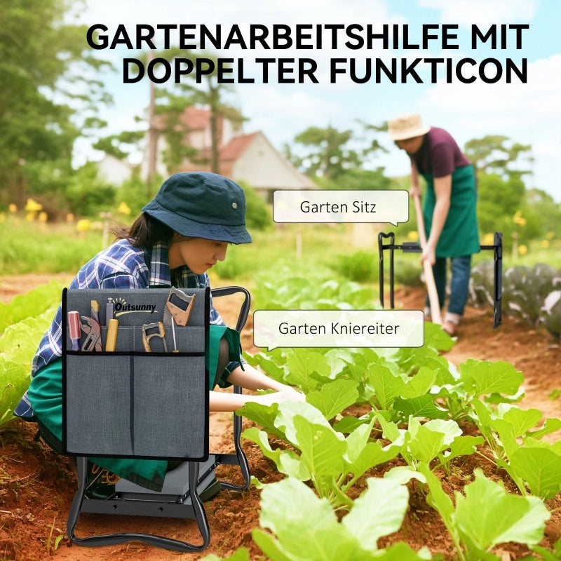 Panca da giardino pieghevole con cuscino per le ginocchia e tasche porta attrezzi, supporta fino a 150 kg, 58 x 28 x 49 cm, grigia