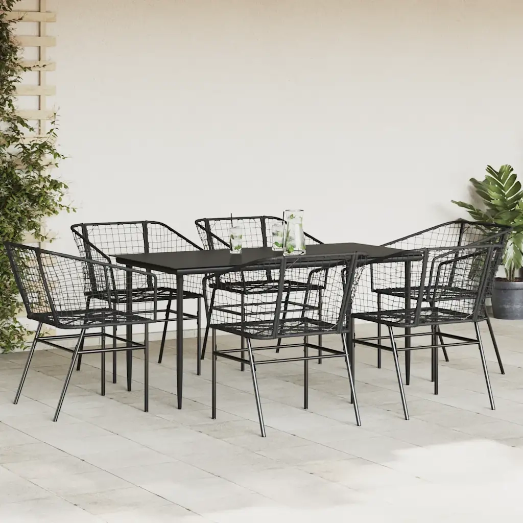Set Pranzo da Giardino 7 pz Nero Polyrattan Vetro 3334489
