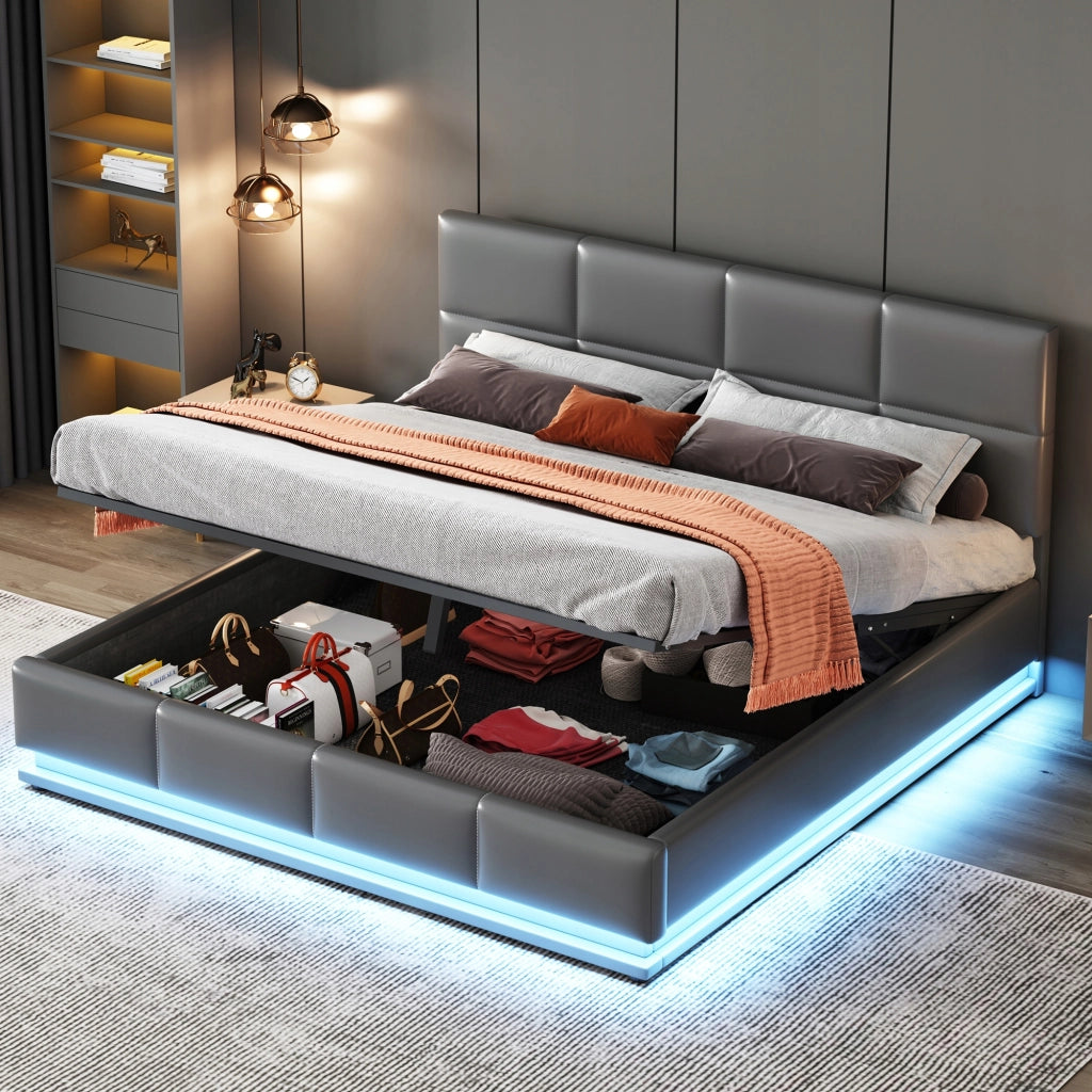 Letto imbottito con LED e ripostiglio - Xylo - 160x200 - Grigio