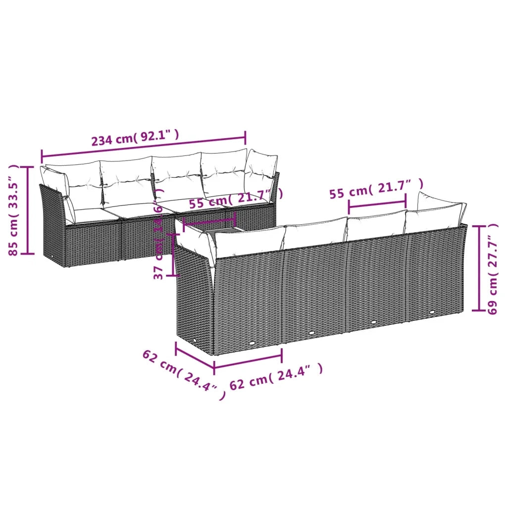 Set Divani da Giardino 9 pz con Cuscini Nero in Polyrattan 3255852