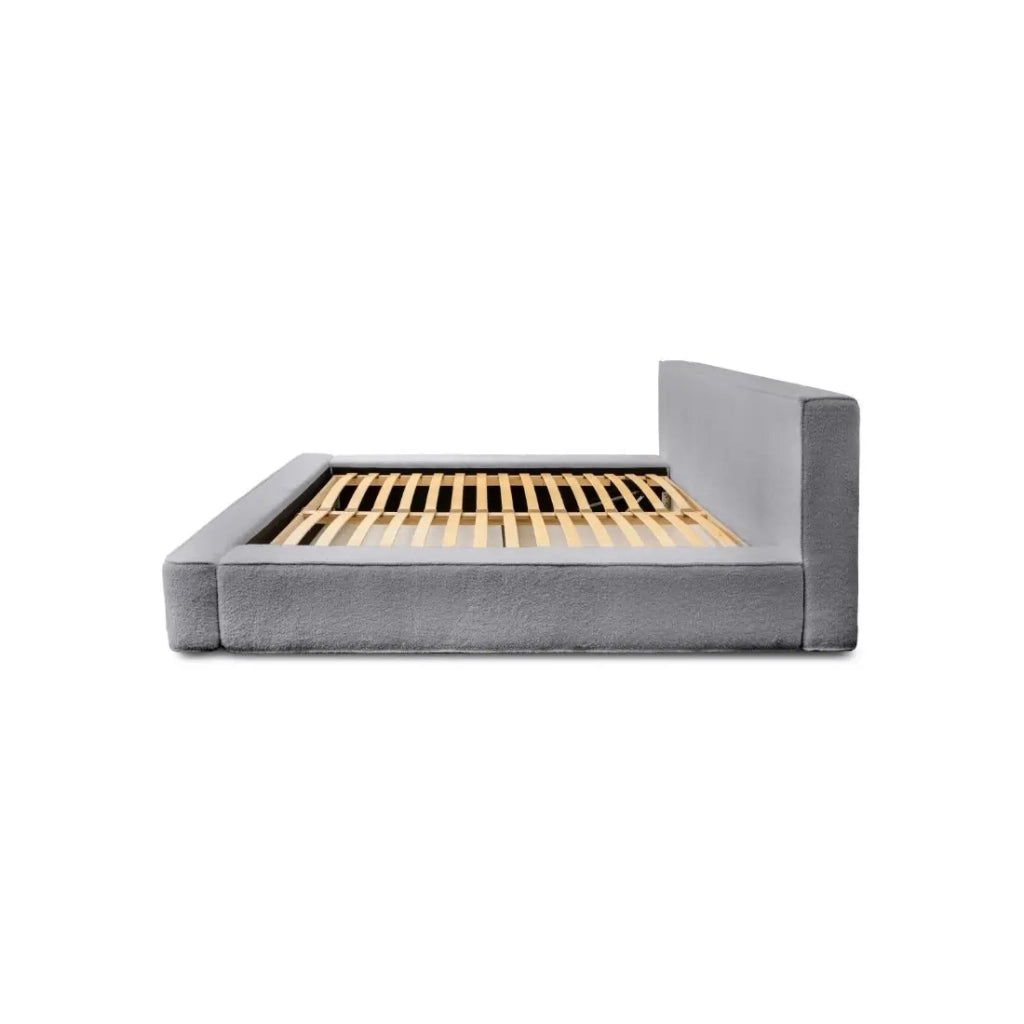 Letto contenitore VELORA – Grigio perla bouclé – 160x200 cm – Tessuto velluto morbido – Rete sollevabile – Spazio di stoccaggio integrato