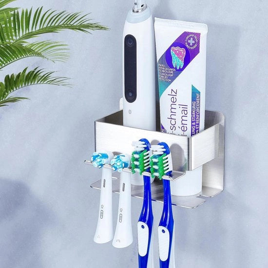 Sostegno a muro per spazzolino da denti senza perforazione, sostegno per spazzolino da denti elettrico, contenitore per creme da dentifricio, supporto autoadesivo per spazzolino da denti.