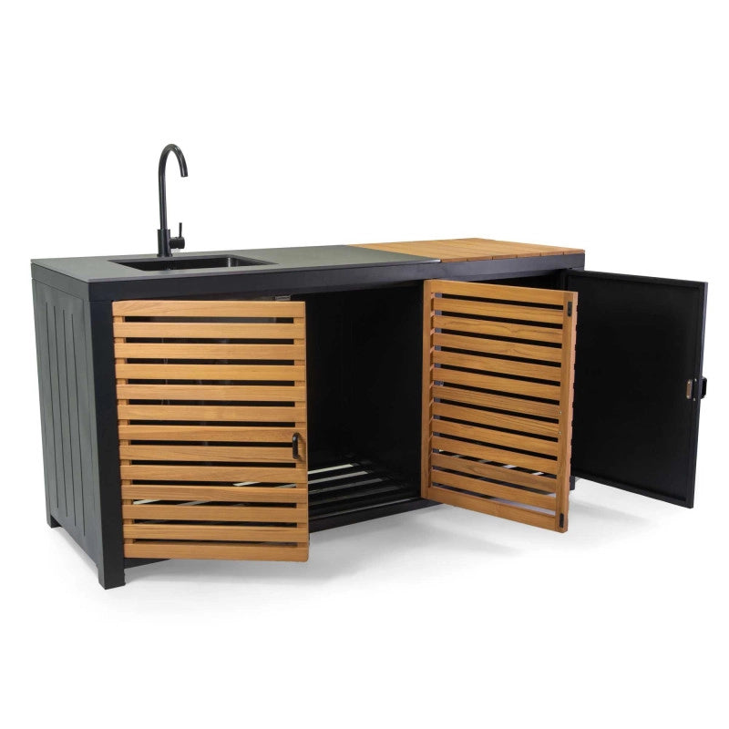 Mobile Cucina Alluminio Idaho Con Teak E Pietra Sinterizzata Antracite Cm 180x65h90